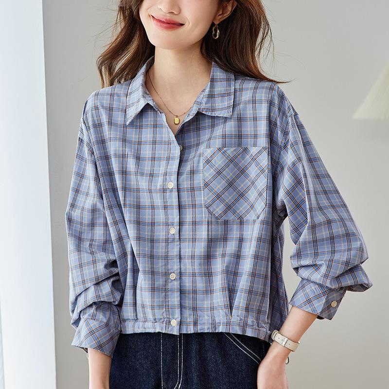 Plaid Shirt for Women's Spring and Autumn Clothes New Short Small Style Literary Retro Plaid Shirt