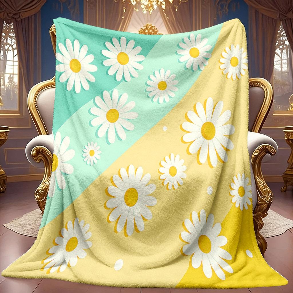 1pc 2D Daisy Theme Pattern Flannel Blanket, Soft HD Digital Print, Cooling Blanket for All Seasons! Soft And Breathable 100% Polyester Fiber, Perfect
