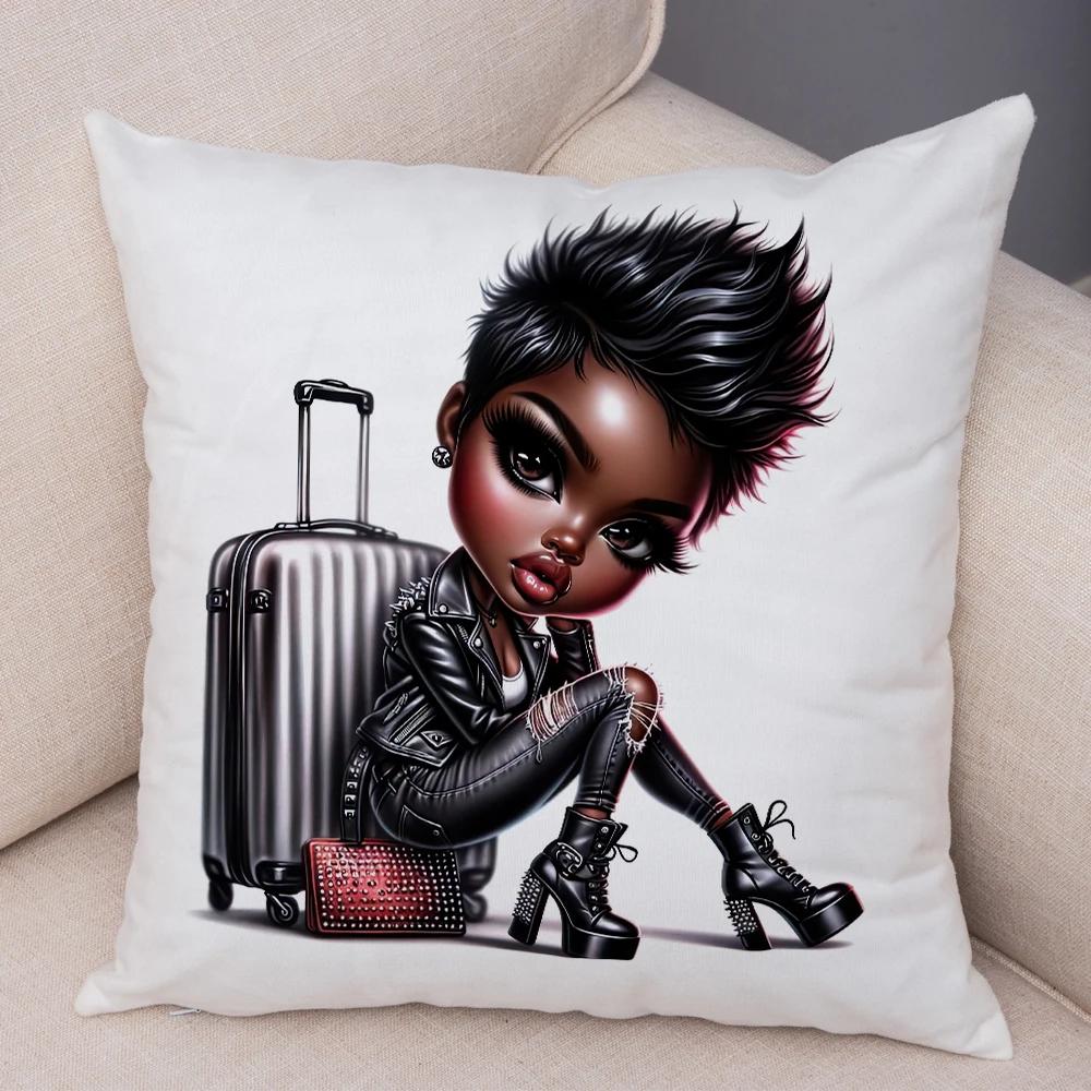 Fashion Cartoon African Girl Pillow Case Soft Plush Cushion Cover for Sofa Home Decor Cute Black Women Throw Pillowcase