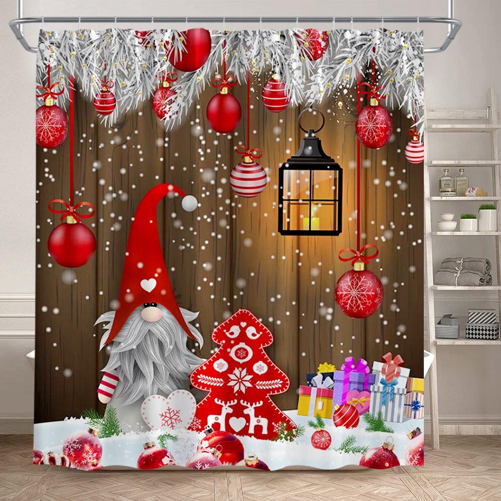 Winter Christmas Shower Curtains Funny Santa Claus Reindeer Snowman Red Xmas Balls Snow Home Bathroom Curtain Decor With Hooks