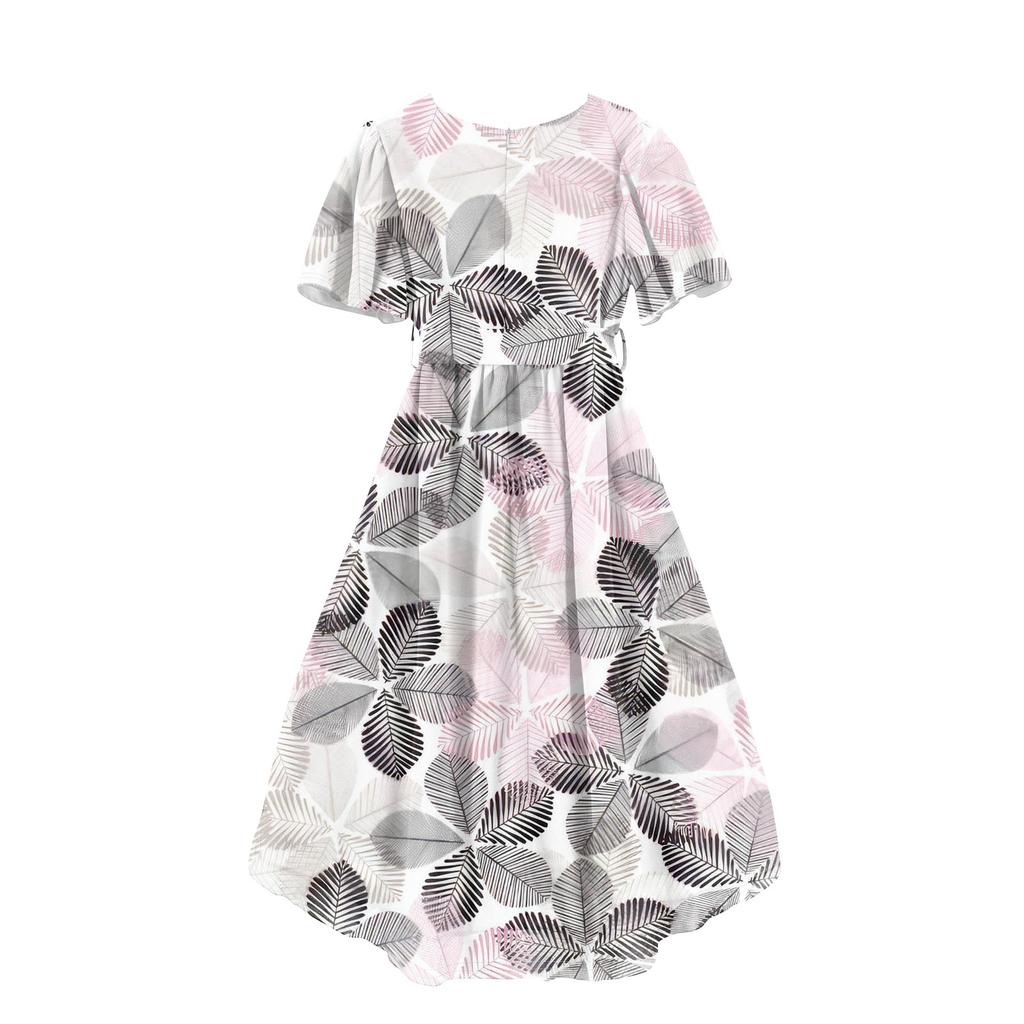 Damen Freizeitmode Glockenrock V-Ausschnitt Kurzarm Kleid mit Blumendruck