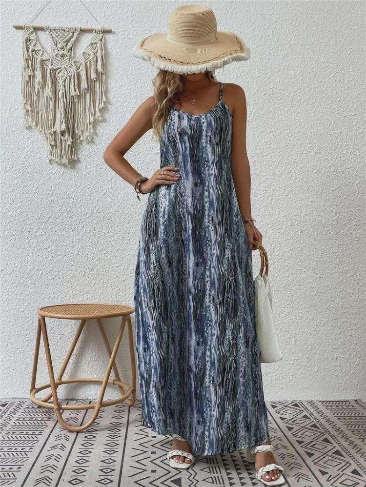 Spring Summer Women Fashion European American Style Printed Suspender Dress