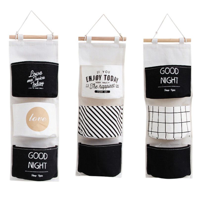 3 Pockets Hanging Storage Bag Wall Mounted Wardrobe Sundries Hanging Bag Cotton Linen Bathroom Toiletry Home Decor Hanging Bag