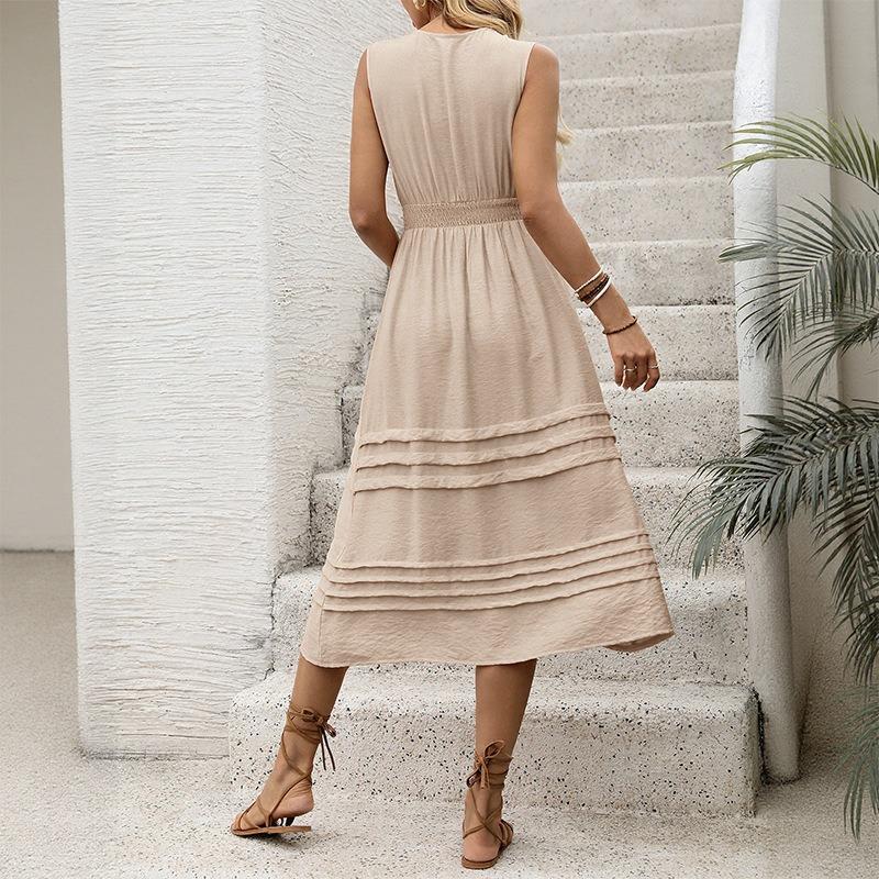 Solid Color V Neck Sleeveless Elastic Waist A Line Midi Casual Women Dress