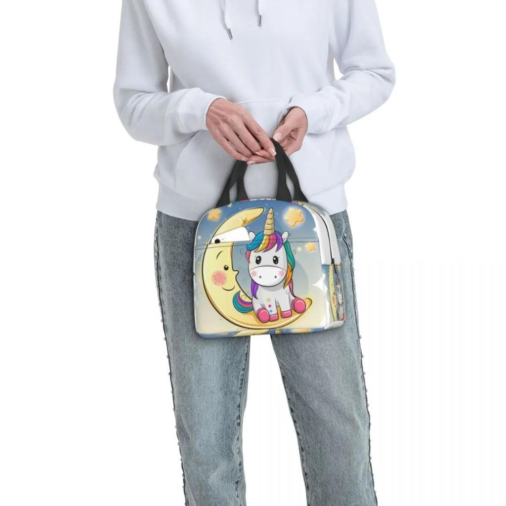 Bonito Unicornio Sentado en la Luna Lonchera Portátil para Mujer Enfriador Impermeable Térmico Aislado para Alimentos Bolsa de Almuerzo para Escolares Niños Estudiantes