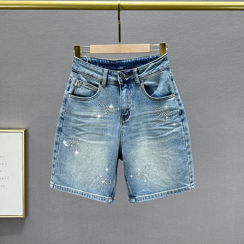 

European Station High Waist Silm Slim Looking Rhinestone Denim Shorts Blue M