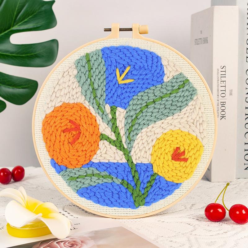 1Set Embroidery Floral Pattern DIY Punch Needle Embroidery Kit with Yarn Starter Kit Poking Cross Stitch Tools For Knitting