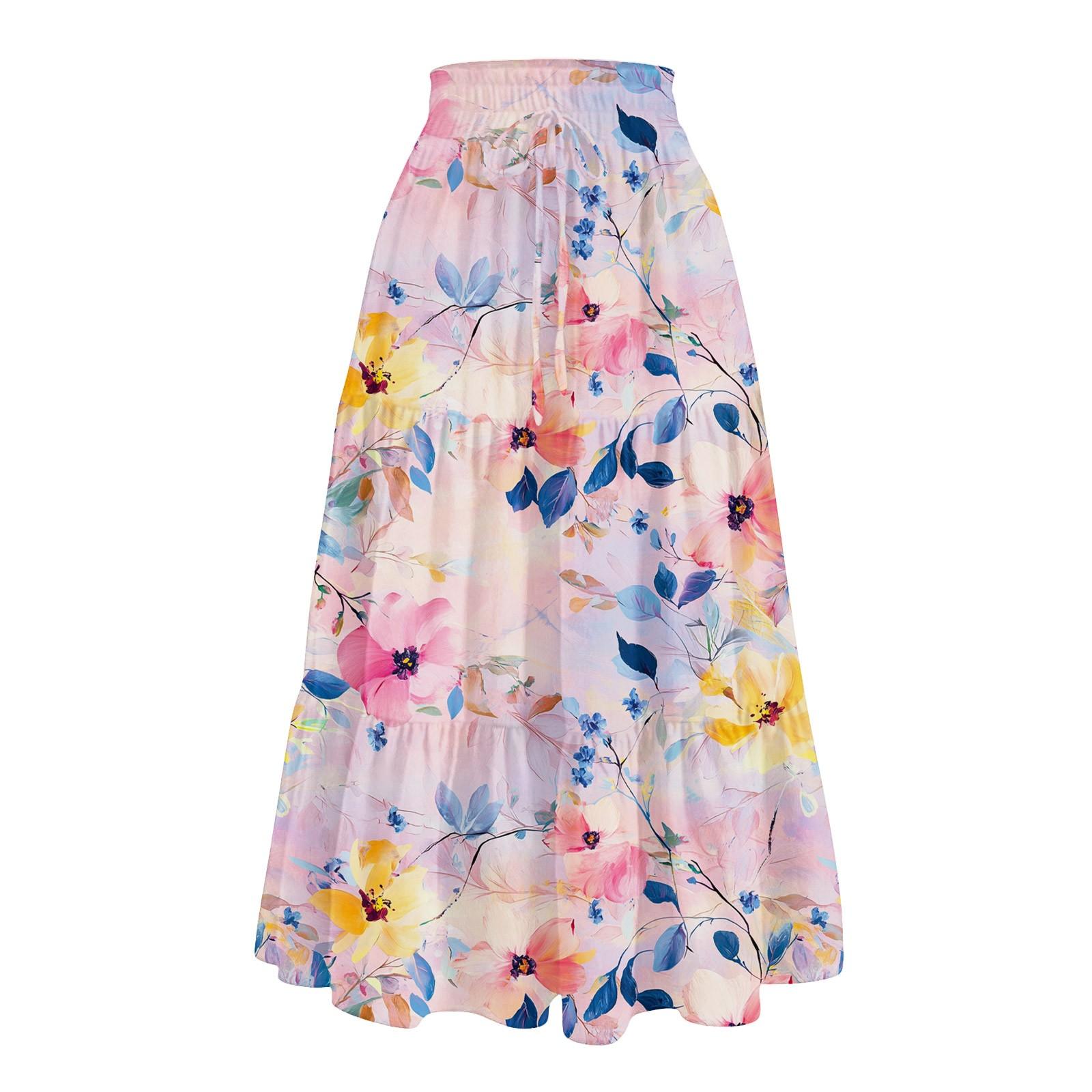 

Женская повседневная и модная юбка с цветочным принтом и эластичным поясом, свободная юбка с талией XL розовый