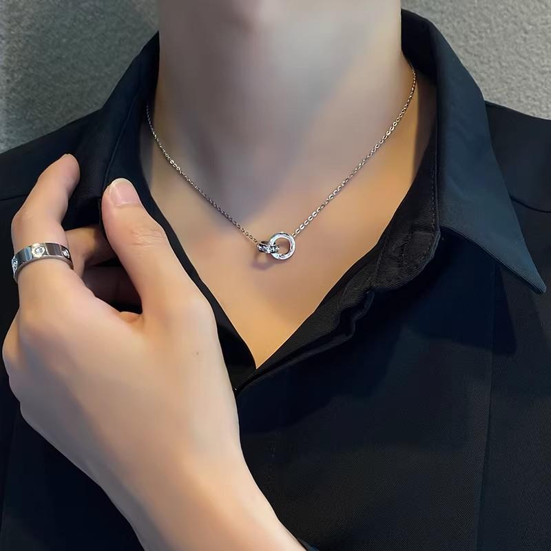 Double-ring Zirconia Necklace, Exclusive Collar Chain, Luxurious and High-end Style, Titanium Steel, Versatile for Men's Pendants