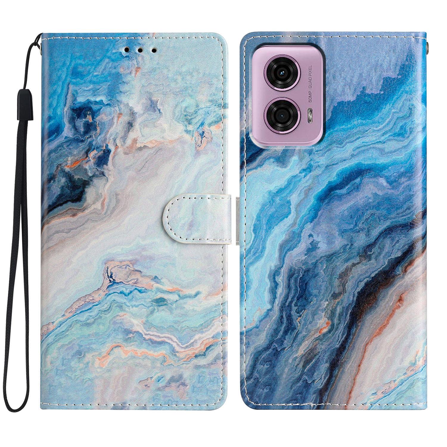 

For Motorola Moto E14 4G/G04 4G/G04s 4G/G24 4G Case Pattern Leather Phone Cover with Card Slots Blue Marble
