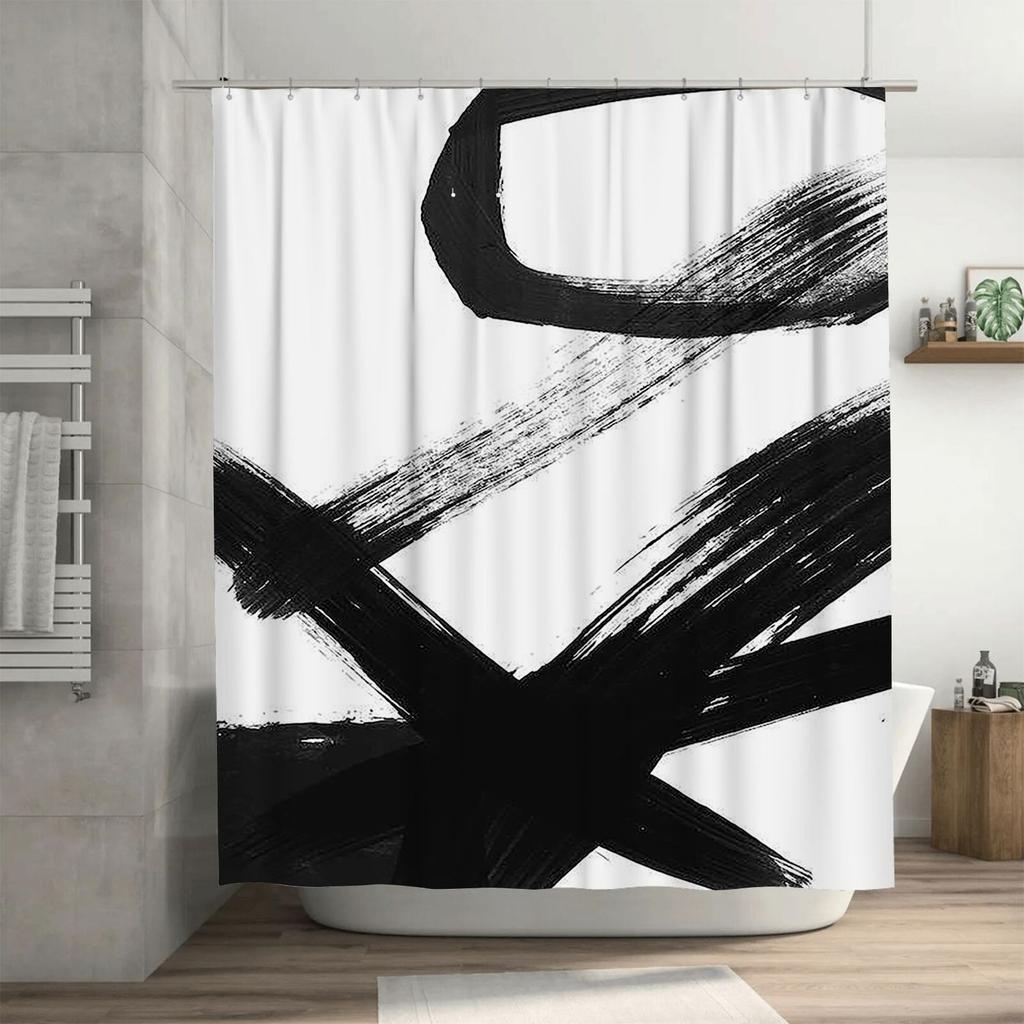 Modern Black and White Abstract Art Waterproof Shower Curtain Heat Resistant Machine Washable Non-Transparent 180x180cm