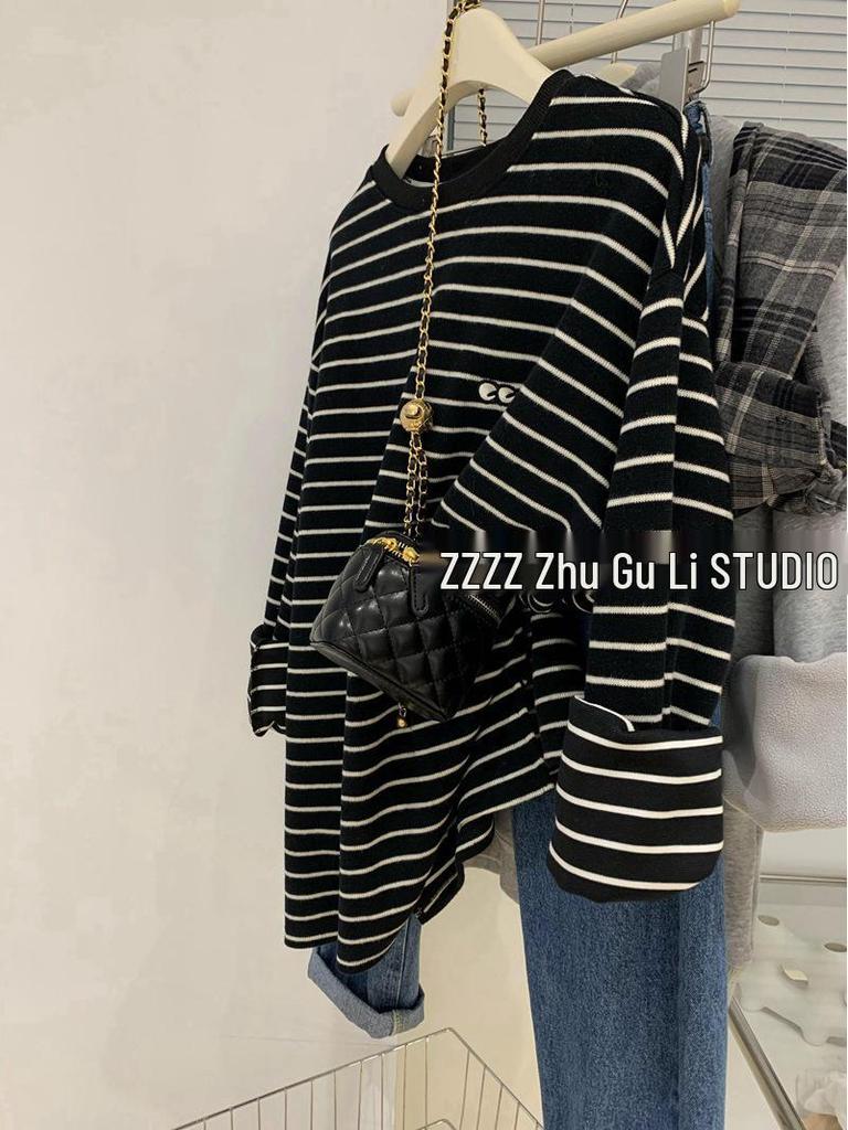 2218 Embroidered Brushed Striped Mid-Length T-Shirt - Early Spring 2023 Edition for Women