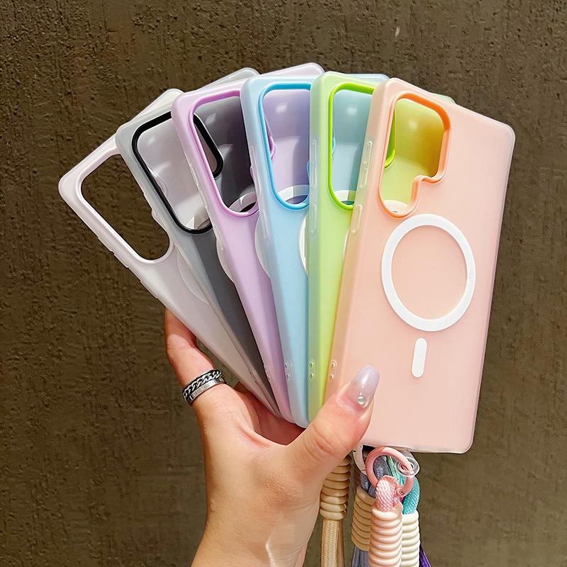 Candy Color Matte For Magsafe Phone Case For Samsung Galaxy S26 S24 FE S25 Edge S22 S23 FE Plus S25Ultra With Lanyard Soft Cover