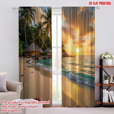 2D Flat Printing 2pcs Window Drapes Tropical Island Cottage Scenery Versatile Polyester Fabric,Without Electricity Festive