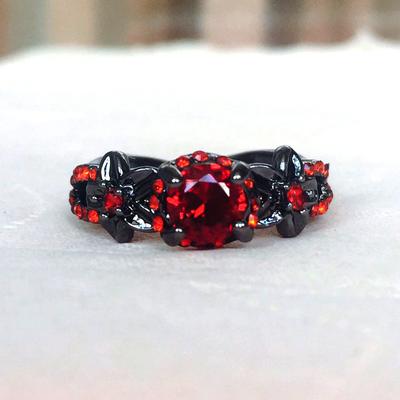 Red Garnet Flower Shiny Black Gold Color Rings for Women Charming Wedding  Promise Opal Rings Bijoux Femme Party Gifts