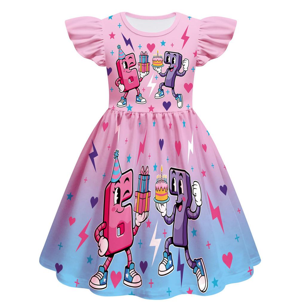 82864 Kids Girls Steal a Brainrot 67 Print Ruffle Sleeveless Princess Dress