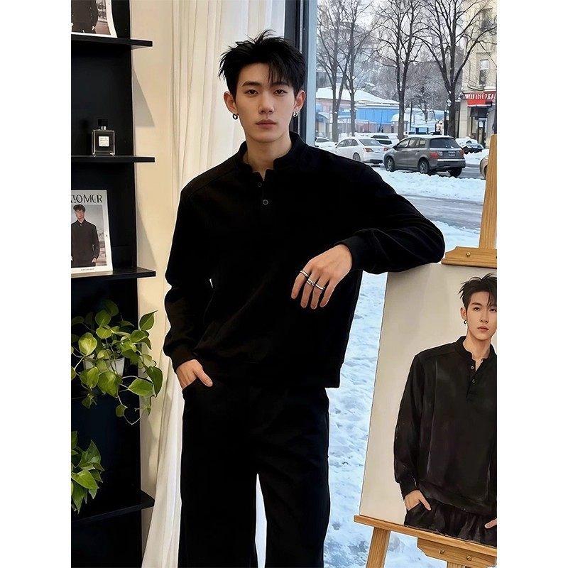 Men's American Style Henley Collar Hoodie: Plain Color, Autumn/Winter Casual Pullover, Long Sleeve Versatile Base Layer.