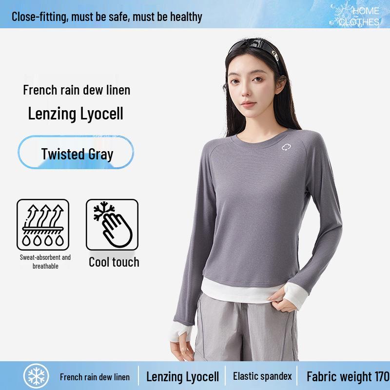 

Women s Sheer Slim-Fit Lyocell Linen Long Sleeve T-Shirt with Faux Two-Piece Design M (90-110 lbs) хизер серый