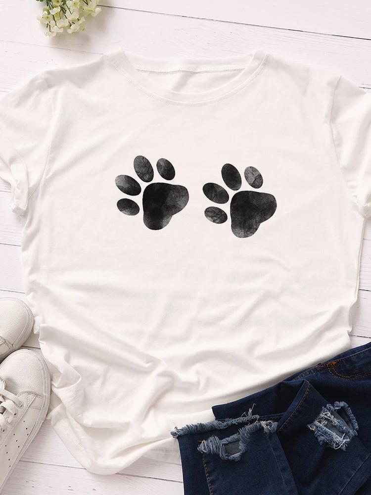 Damen T-Shirt mit doppeltem Hundepfotenabdruck, Kurzarm, Rundhalsausschnitt, locker, Damen-T-Shirt, Damen-T-Shirt, Oberteile, Kleidung, Camisetas Mujer
