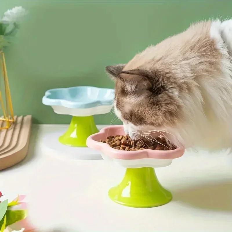 Elevated Ceramic Cat Bowl Flower Design Food Bowl High Foot Water Plate Snack Dish with Stand for Neck Protection Drinking Water