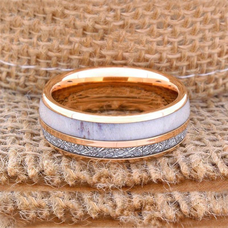 Fashion 8mm Men Stainless Steel Rings Rose Gold Color Brushed Deer Antler And Meteorite Rings for Men Wedding Band Jewelry Gift