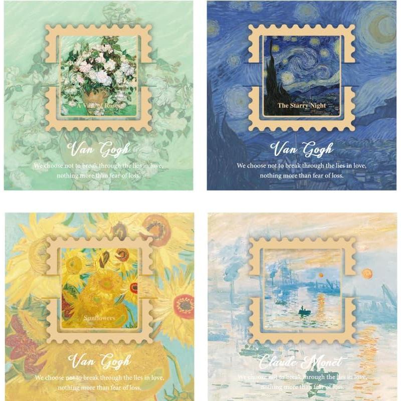 Bookmark Masterpiece Stamp Style Metal Bookmark Set of 4, Van Gogh & Monet Collection, Gold Openwork, 40x40mm, Sunflower/Starry