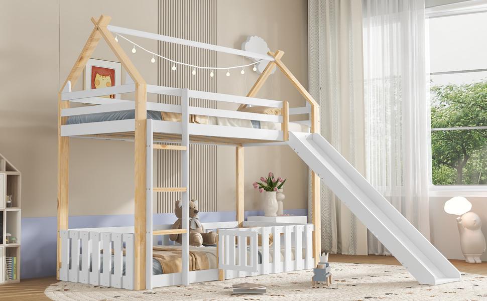 Bunk Bed, Children's Bed, with Fun Slide, Free Space with Fence, Sturdy Slatted Frames and Ladder, Pine + MDF + Plywood, White+Natural, 90x200cm