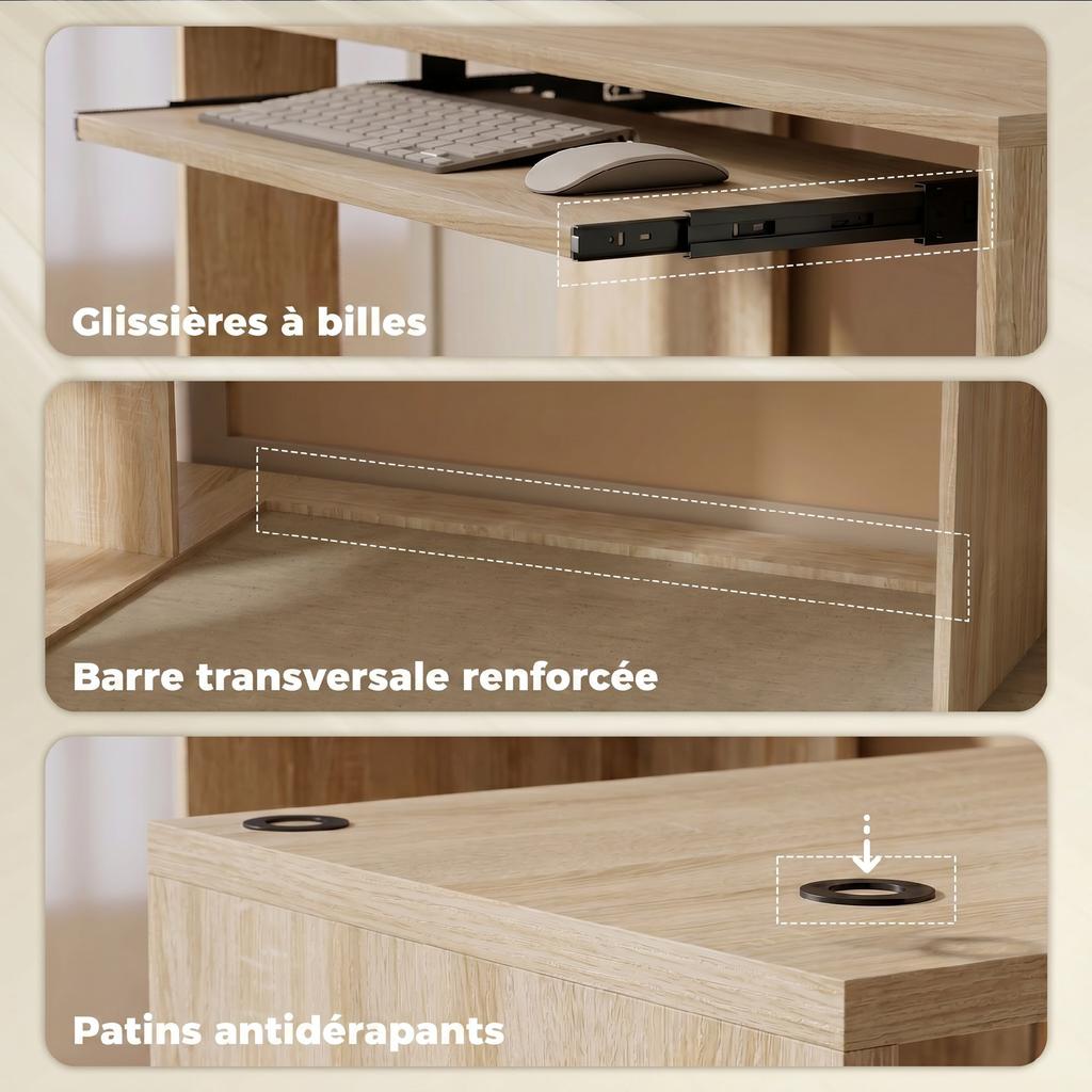Corner Desk, 120 x 100 x 76 cm, L-Shaped Computer Desk, Keyboard Tray, 4 Open Compartments, Natural