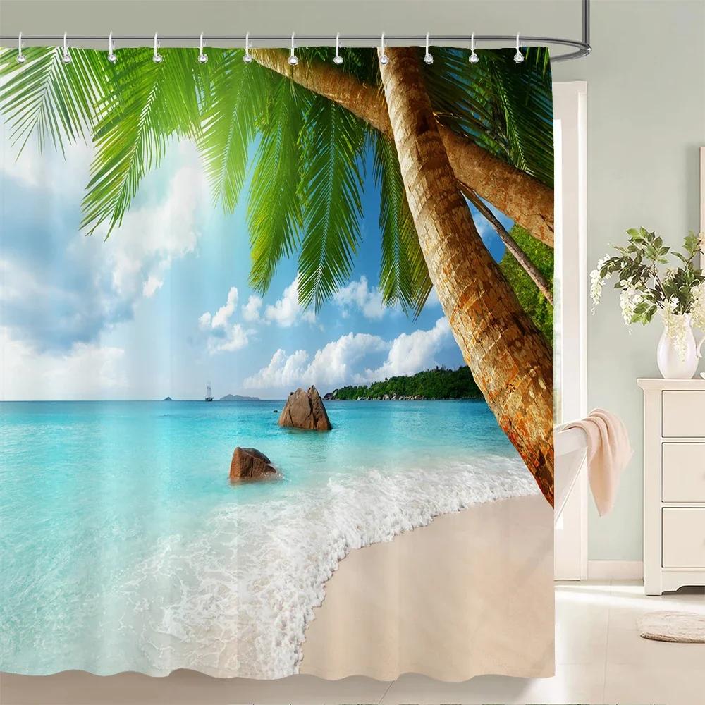 3d Printing Sea View Beach Shell Sea Surf Shower Curtains  Bathroom Curtain Waterproof Polyester Cloth With Hook Bath Home Decor