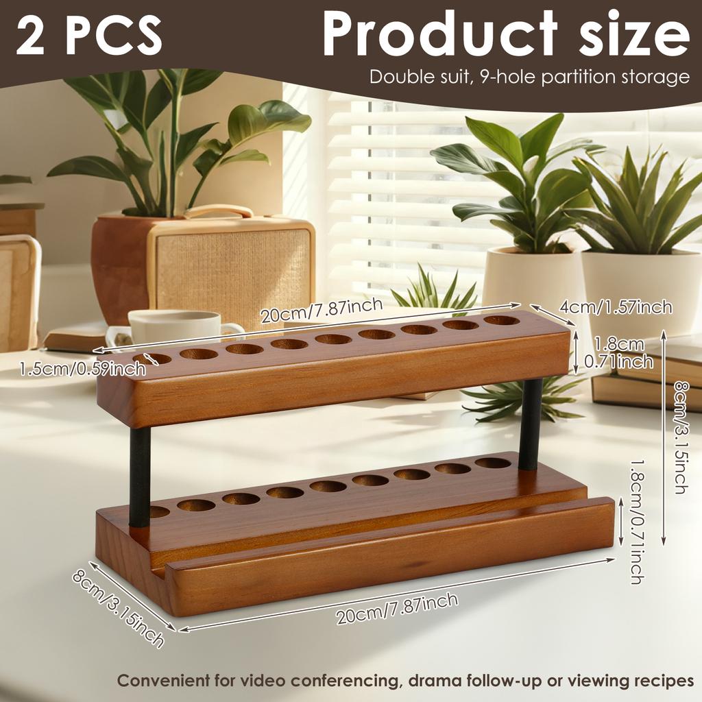 2Pcs Wooden Pen Holder with 9 Slots and Phone Holder Decorative Wood Pencil Organizer Pens Display Stand for Home Office Decor
