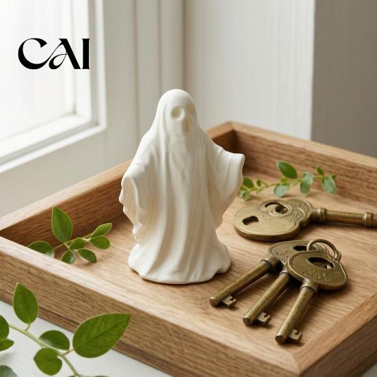 Halloween Party Supplies 3D Printed Ghost Statue Ornament, Funny Figurine, Minimalist Pleated Spooky Home Accents Cloak Sculpture for Tabletop