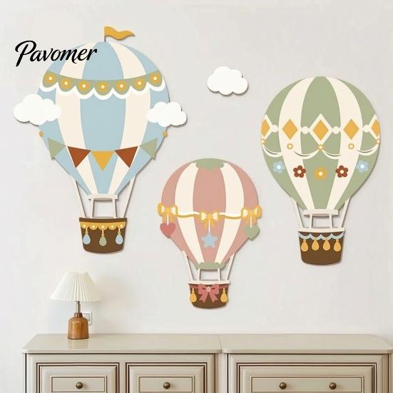 Wooden Hot Air Balloon Wall Decor 3Pcs Cute Decor, Cloud Banner Nursery 3D Art for Kids Room Hanging, Playroom Background Bedroom Pennant Hanging