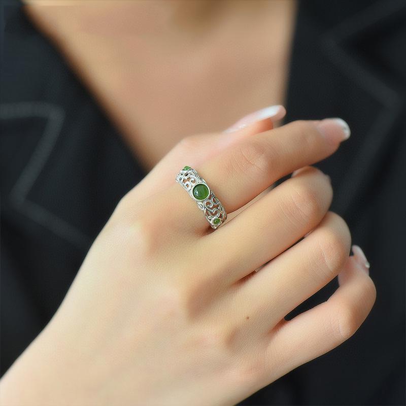 Xiangxu Retro Hetian Filigree Silver Open Ring for Women