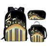 Trendy Populaire Piano Toetsenbord Muzieknoten 3D Print 3 stuks/Set Student Schooltassen Laptop Dagrugzak Rugzak Lunchtas Etui