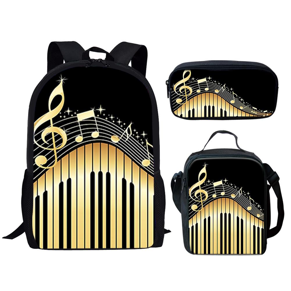 Klassiek Populair Piano Toetsenbord Muzieknoten 3D Print 3 stuks/Set leerling Schooltassen Laptop Dagrugzak Rugzak Lunchtas Etui beige
