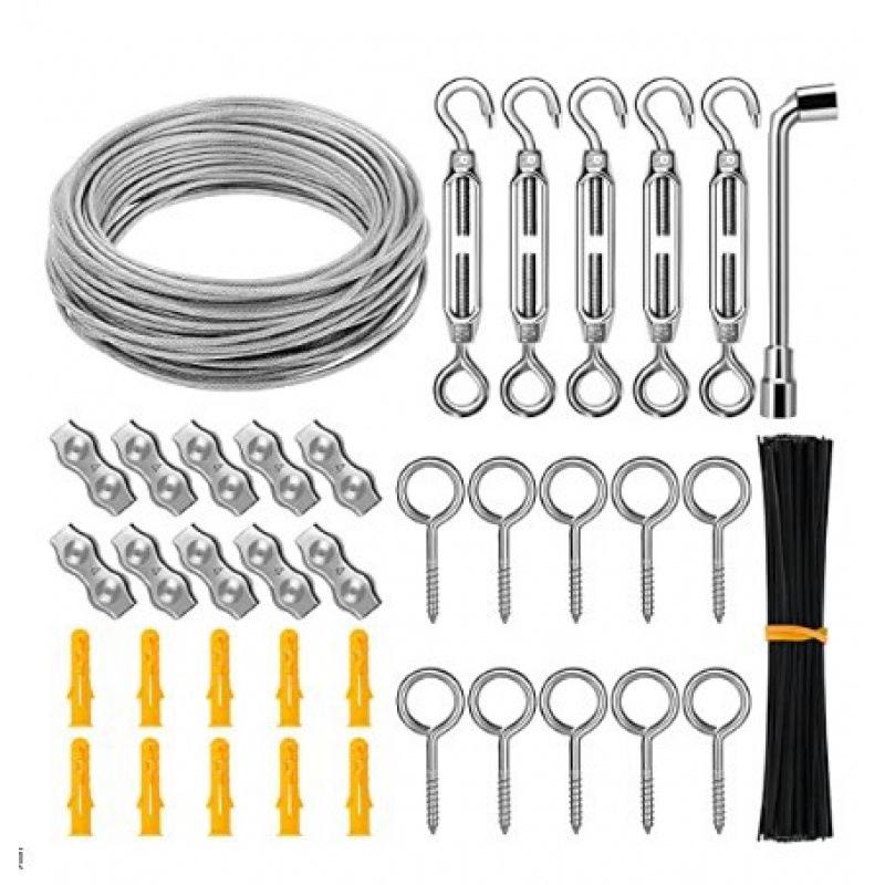 Stainless Steel Wire Rope Hanging Kit for Outdoor String Lights with Thimble Hooks and Tensioning Cable.