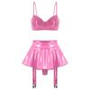 S-4XL Wet Look PU Leather Bra Top and Skirt Set No Underwire No Padding Integrated Thong Layered Hem Mini with Garter Clips for Night Party