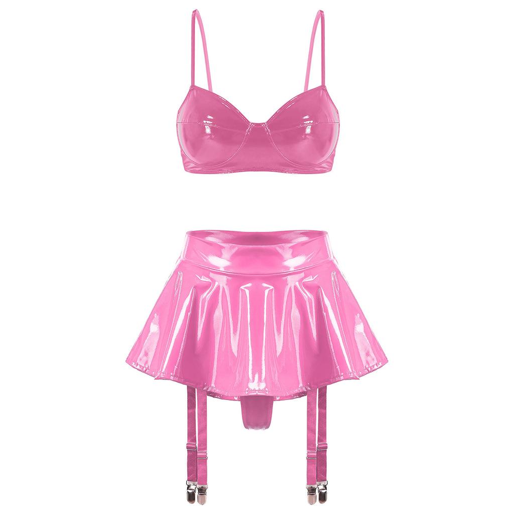 S-4XL Wet Look PU Leather Bra Top and Skirt Set No Underwire No Padding Integrated Thong Layered Hem Mini with Garter Clips for Night Party