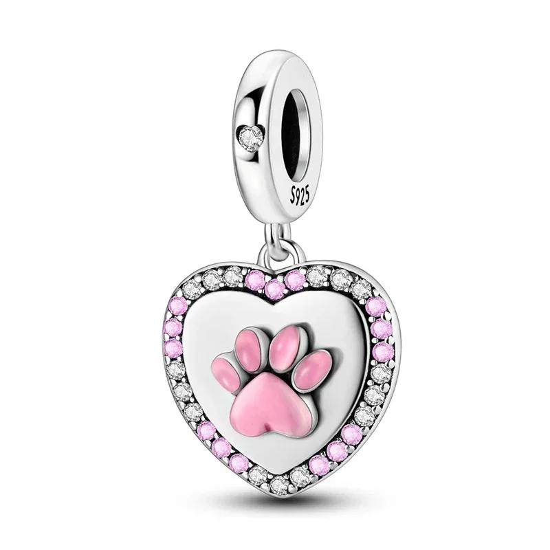 Copper Cute Pink Flowers Heart Pendant Beads Fit 4Mm Hole Diamete Charm Bracelet For Women Diy Jewelry Making Gift