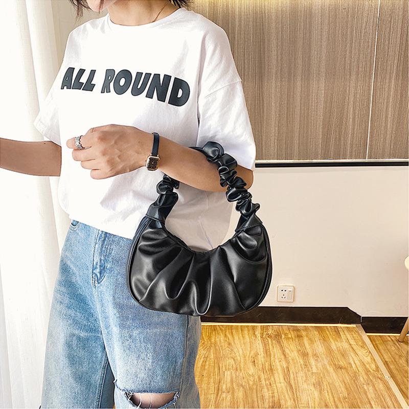 Fashion Pleated Handle Bags For Women Solid Color Cloud Bags PU Leather Shoulder Bags Armpit Bag Leisure Girls Small Tote Casual
