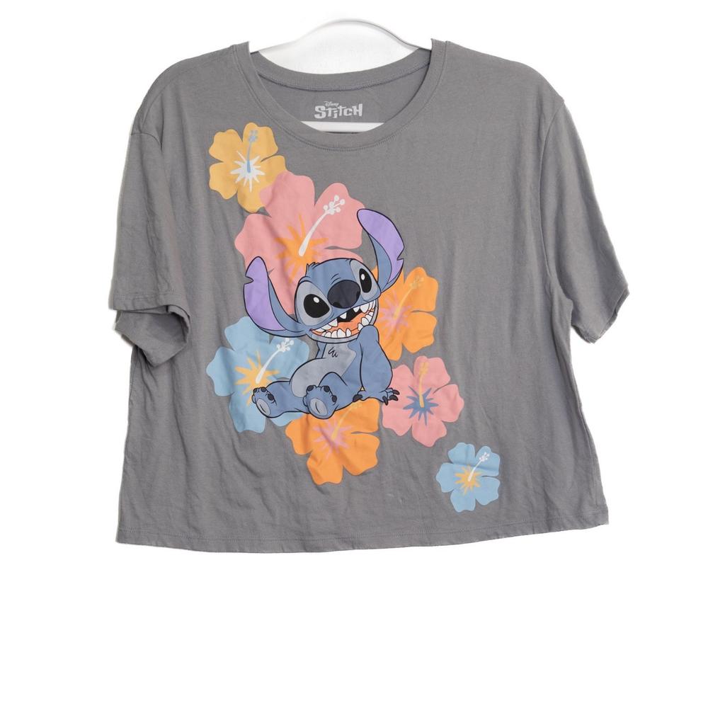 Disney Stitch Size XL Graphic T-Shirt Gray Short Sleeve Hibiscus Floral Design