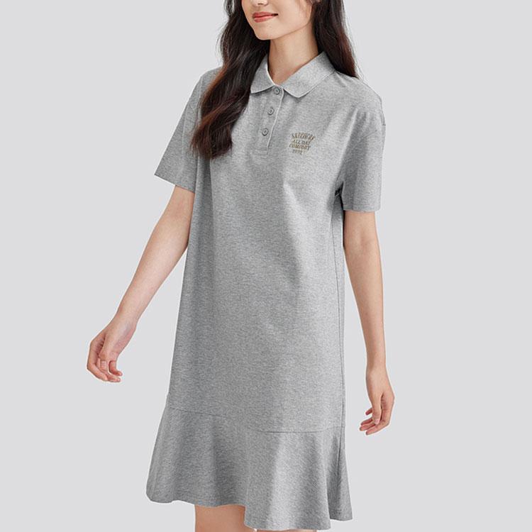 Skechers Logo Solid Color Sport Loose Simple Fashion Cool Feel Polo Neck Short Sleeve Dress Women Dresses Light-Gray L224W056-004F