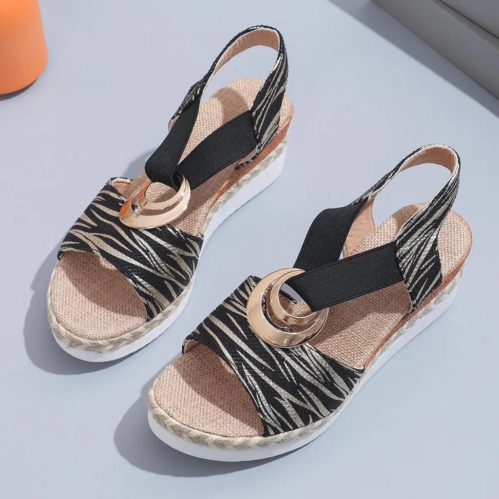 Women's Summer Wedge Sandals Elastic Strap Metal Decoration One Kick Women Sandalias Outdoor Daily Commute Sandalias De Mujer