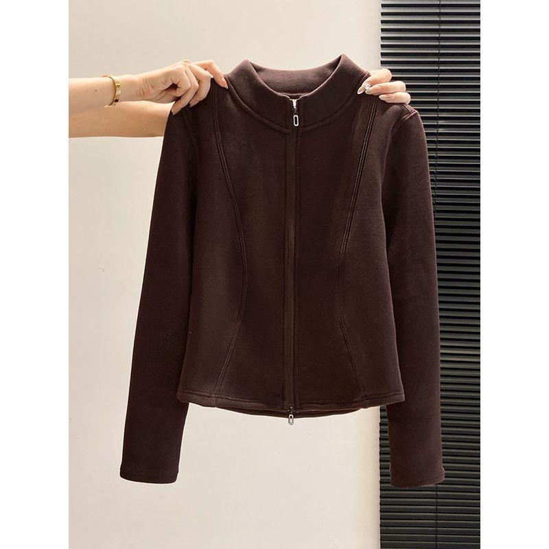 Women's Plus Size German Velvet Double Zipper Stand Collar Long Sleeve Slimming Jacket for Autumn/Winter