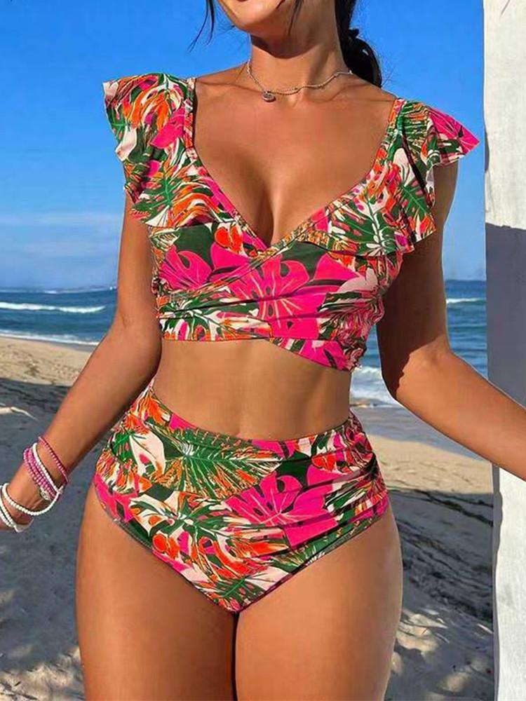 

Женский раздельный купальник 2025 года с высокой талией, утягивающий, с разрезом, с принтом в стиле кросс-бордер и дизайном с завязками для отпуска Extra Large