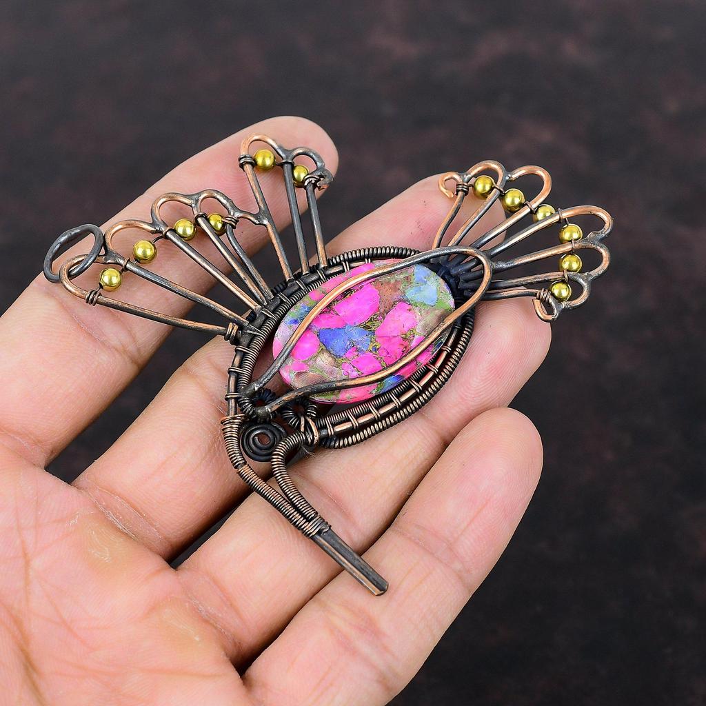 Natural Kingman Pink Dahlia Turquoise Pendant Copper Wire Wrapped Jewelry Gemstone Copper Pendant Handmade Pendant Wire Wrapped Bird Jewelry