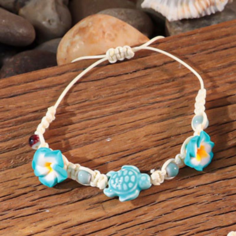 Ocean Elements Ceramic Starfish Turtle Necklace Bracelet Set, Three-dimensional Soft Pottery Flower Adjustable Weaving Jewelry