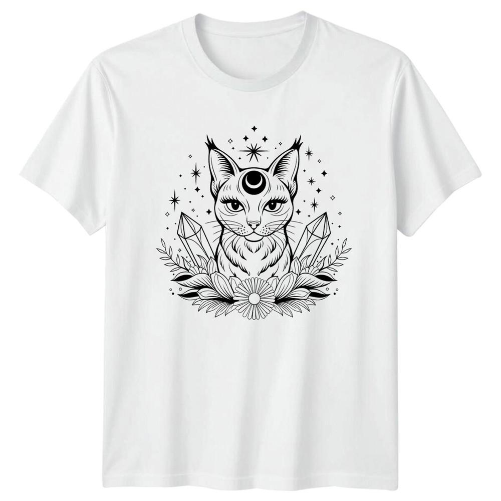 Mystical Cat Crescent Moon Crystal Celestial TShirt S