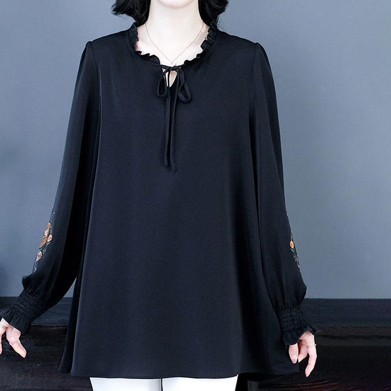 Spring Women Plus Size Blouse Loose Long Sleeve Embroidered Blouse