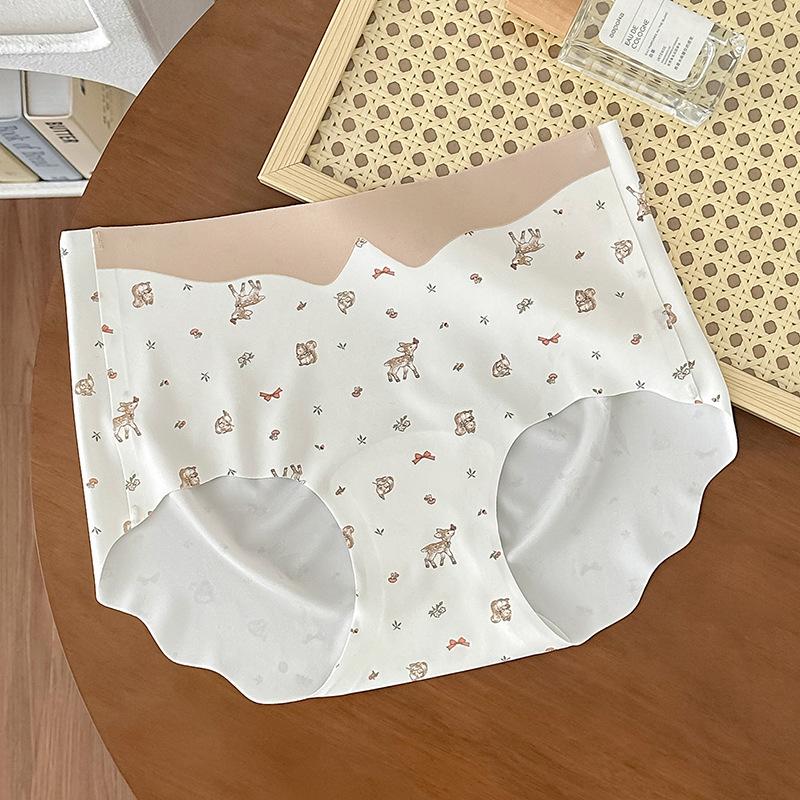 Ladies Summer Vintage Fawn Print Girl One Piece Ice Silk No Trace 10A Antibacterial Mid Waist Briefs